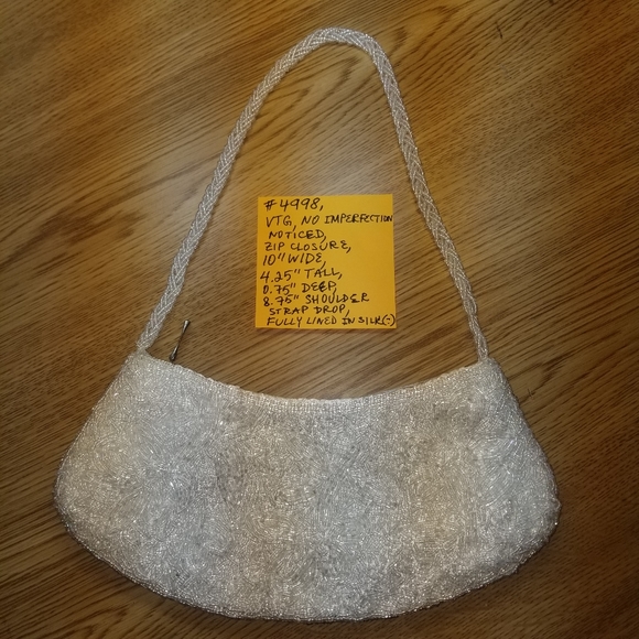 #4998 VTG White Hand Beaded Silk Lined   Purse Handbag - Picture 3 of 9